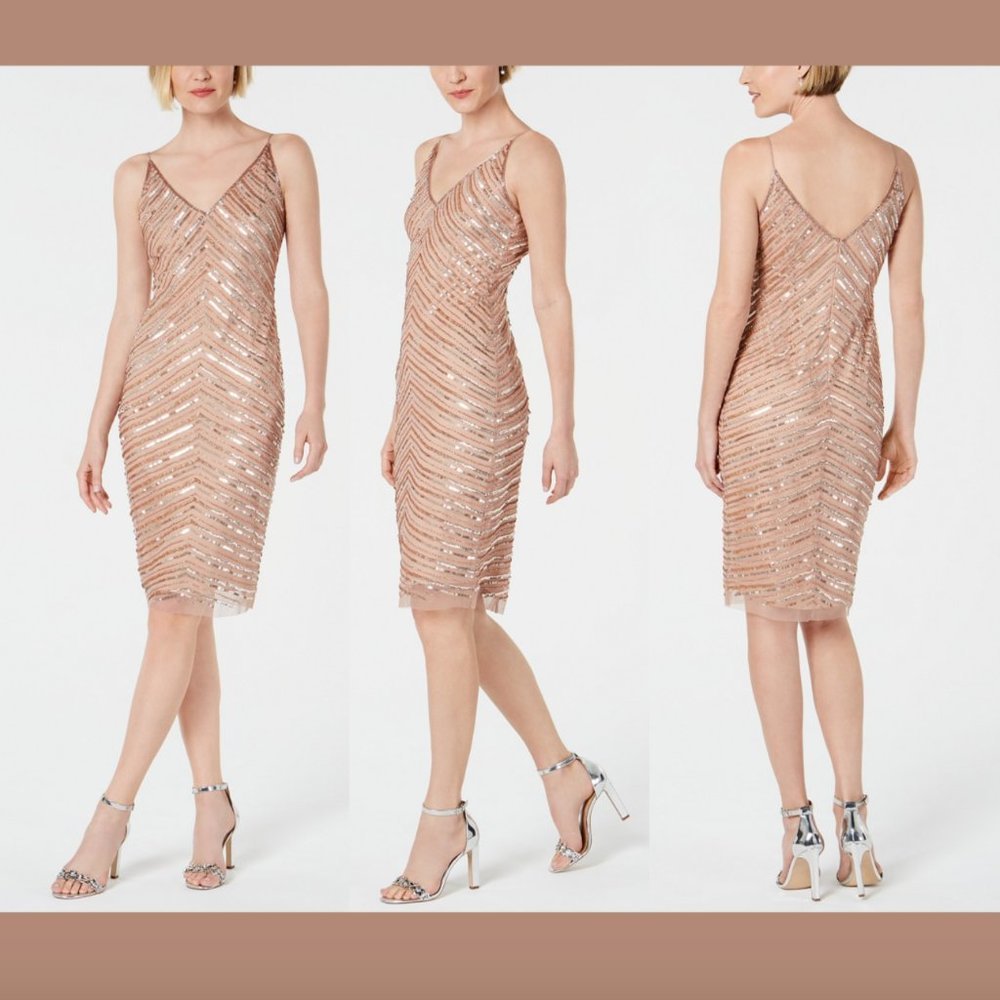 NWT $189‎ Adrianna Papell Hand-Beaded Sheath Dress Rose Gold [ SZ 4 ]